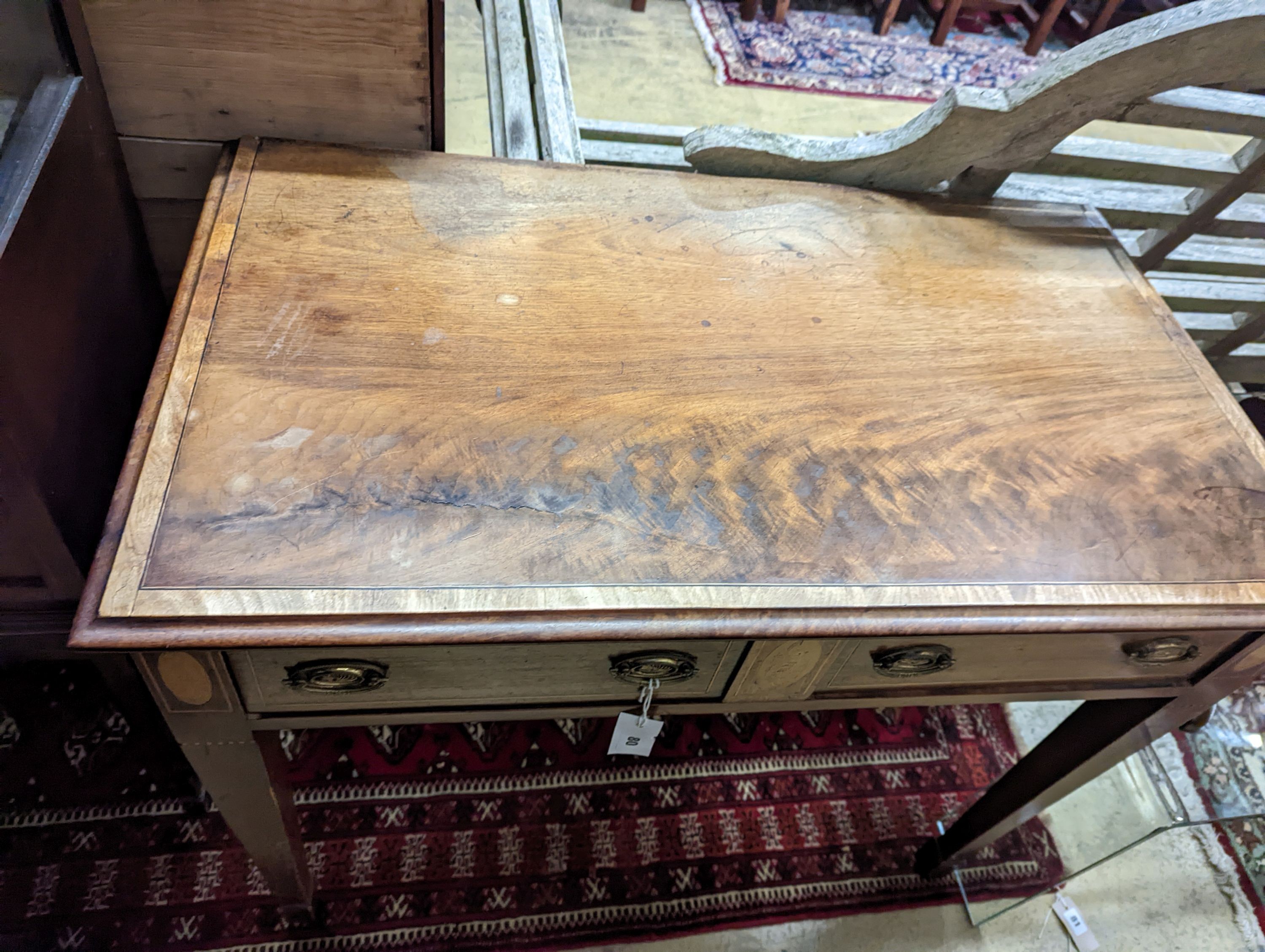 A George IV satinwood inlaid rectangular mahogany side table, width 93cm, depth 54cm, height 75cm